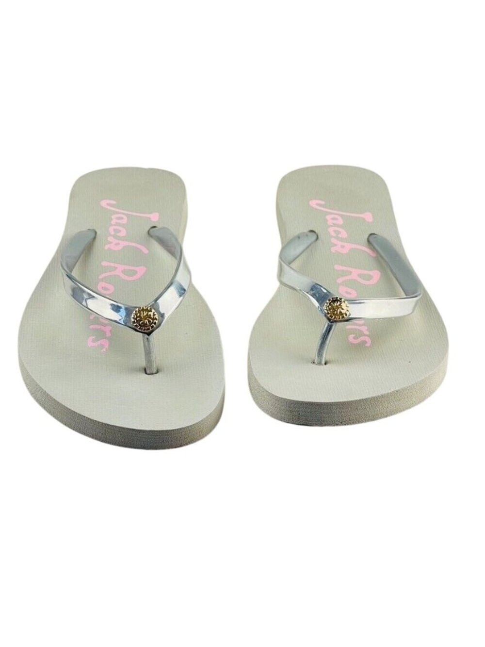 Jack Rogers Silver & Gray Flip-Flops With Pink Logo Womens Beach Sandals Size 9 - Picture 2 of 11